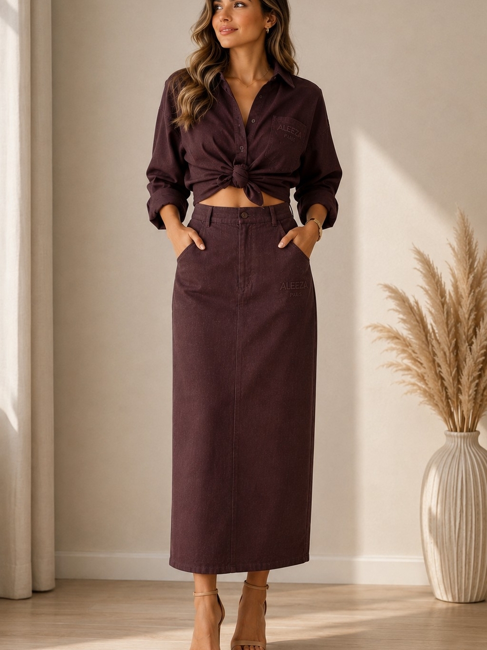 Sleek Plum Maxi Skirt — High-Waist Straight Silhouette SET .skirt XL / Shirt L. - Picture 10 of 10
